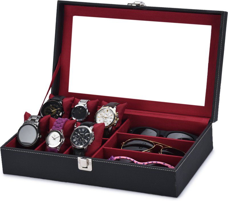6 Wrist Watch Display Box with 3 sunglasses slots Watch Box  (Black, Holds 6 Watches)