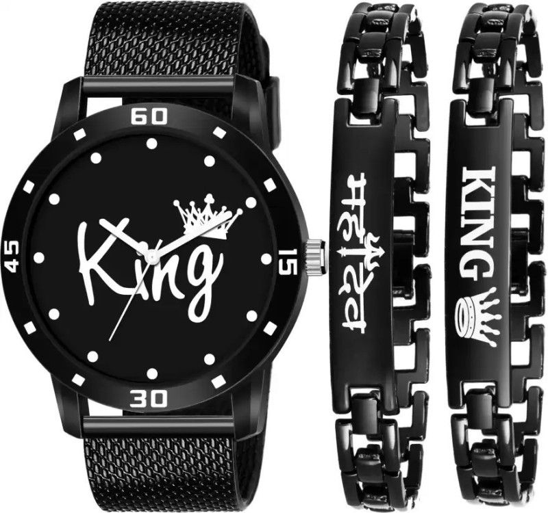 Black King Dial & Black Mahadev And King Bracelat Combo Set Watch For Men & Boy Analog Watch - For Men New Attrective