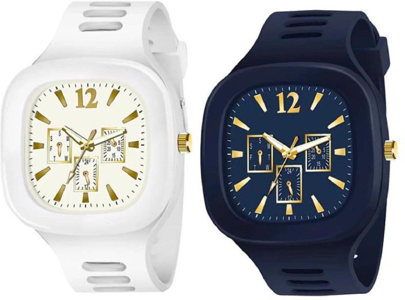 Analog Watch - For Boys & Girls New Combo Pack Stylish Square Dial Smooth Silicon Strap White and Blue for boy