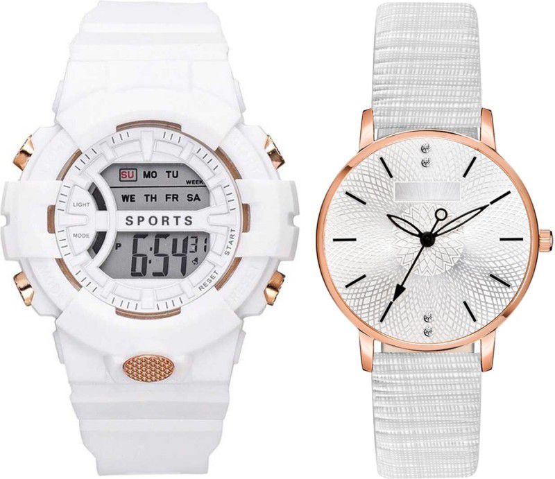 DIGITAL & LEATHER SMART LOOKING BOYS+GIRLS+MEN+KIDS+WOMEN MULTI-FUNCTION AUTOMATIC SYNTHETIC & PU BELT SET OF 2 Analog-Digital Watch - For Boys & Girls White Color Combo