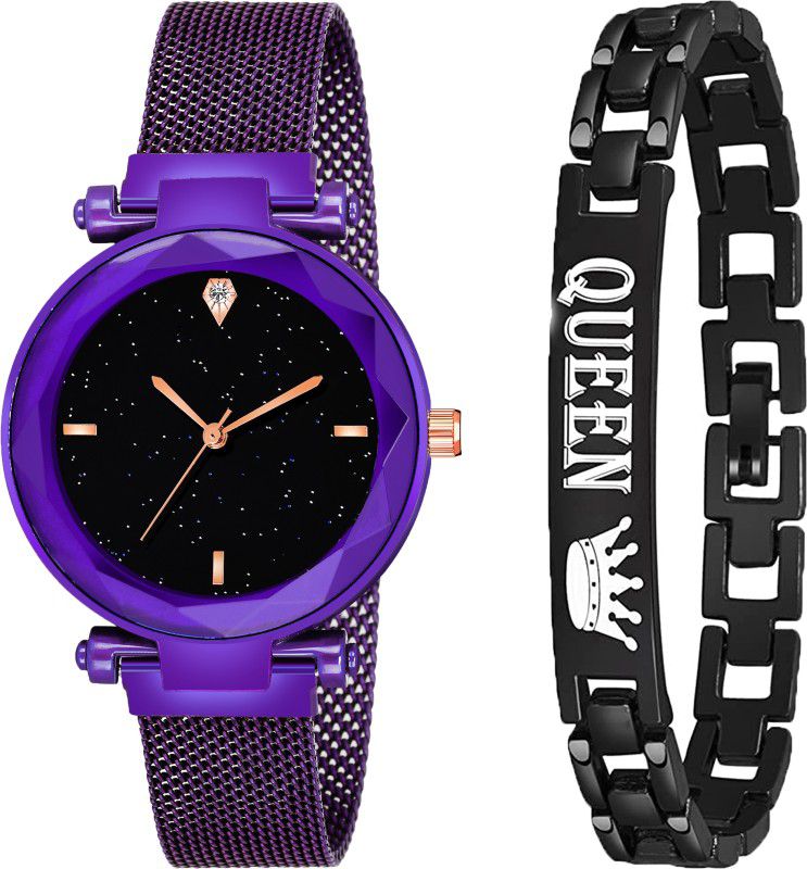 Designer Fashion Wrist Analog Watch - For Girls New Fashion Black 4 Figar Dial With Purple Maganet Strap & Queen Bracelet For Women
