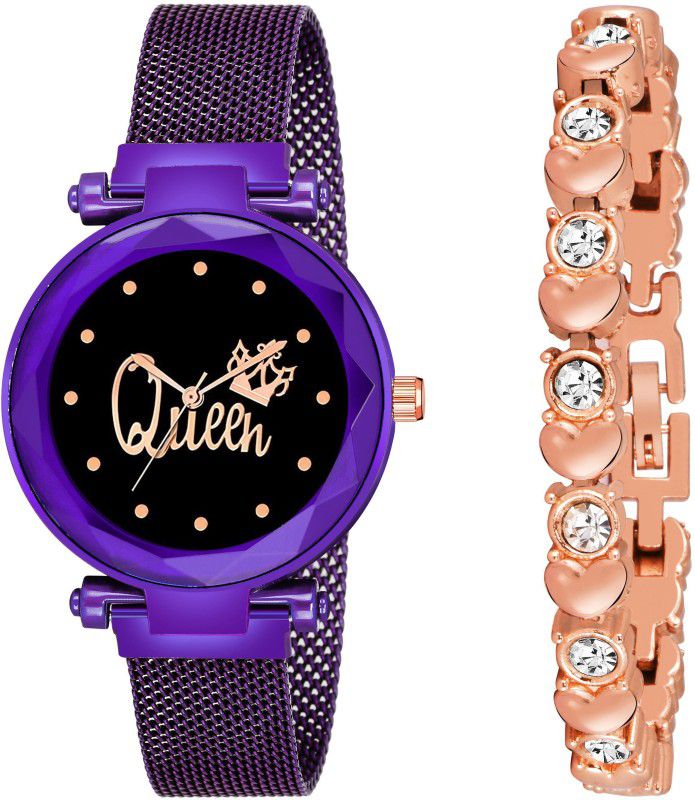 Designer Fashion Wrist Analog Watch - For Girls New Fashion Queen Black dial With Copper Bracelet Purple Maganet Strap