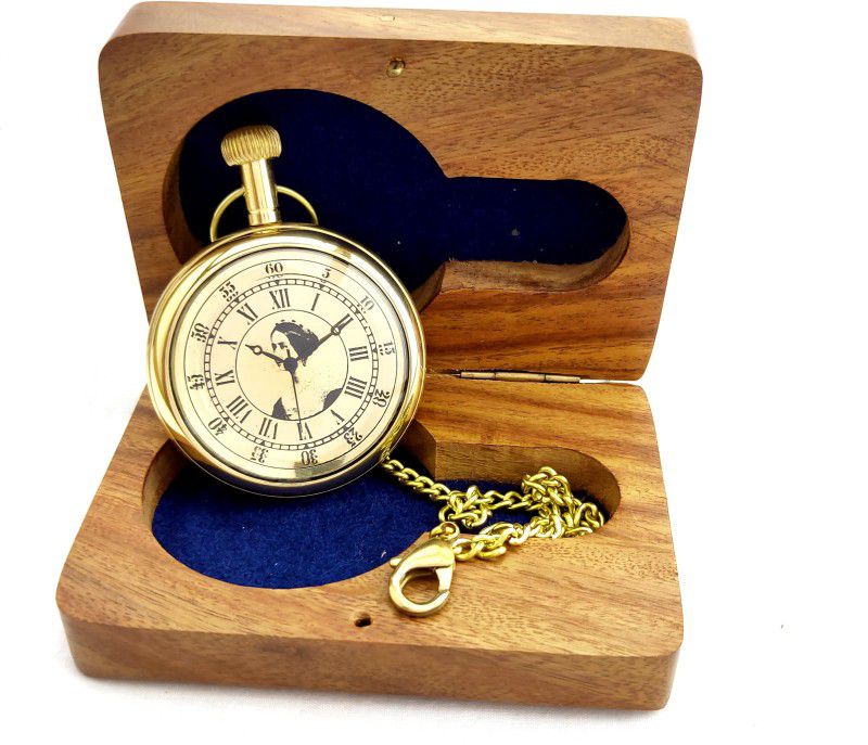 k.v handicrafts Antique Brass Analog Watch / Pocket Watch with Chain Full brass With Stylish Wooden Box KVPW-BA-50-P-00001 Brass Gold Brass Pocket Watch Chain
