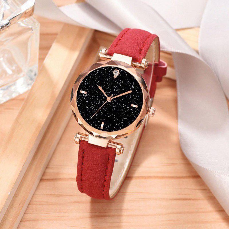 Rich Looking Premium Quality best Designer Fashion Wrist Analog Watch For Girls Analog Watch - For Women New Arrival Stylish Cut Glass Red Leather Strap Analog Watch - For Women