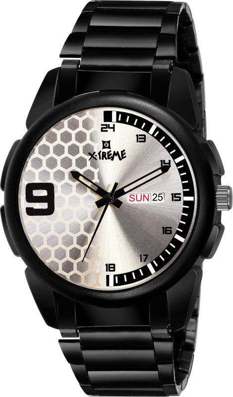 Stylish Silver Dial Day & Date Functioning With Mat Black Metal Strap Analog Watch - For Men XM-GR044-SLB