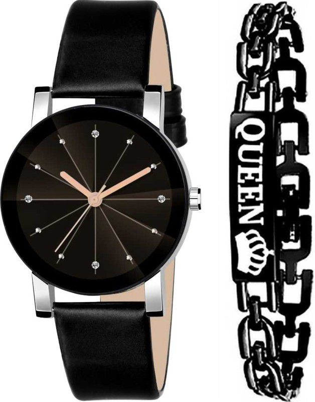 Analog Watch - For Girls New Diamond Cut Glass Black Leather belt Bracelet Combo watch For Women