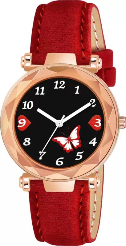 Analog Watch - For Girls Black Dial Dual Red Batterfly Dial Red Leather Strap Watch For Girls