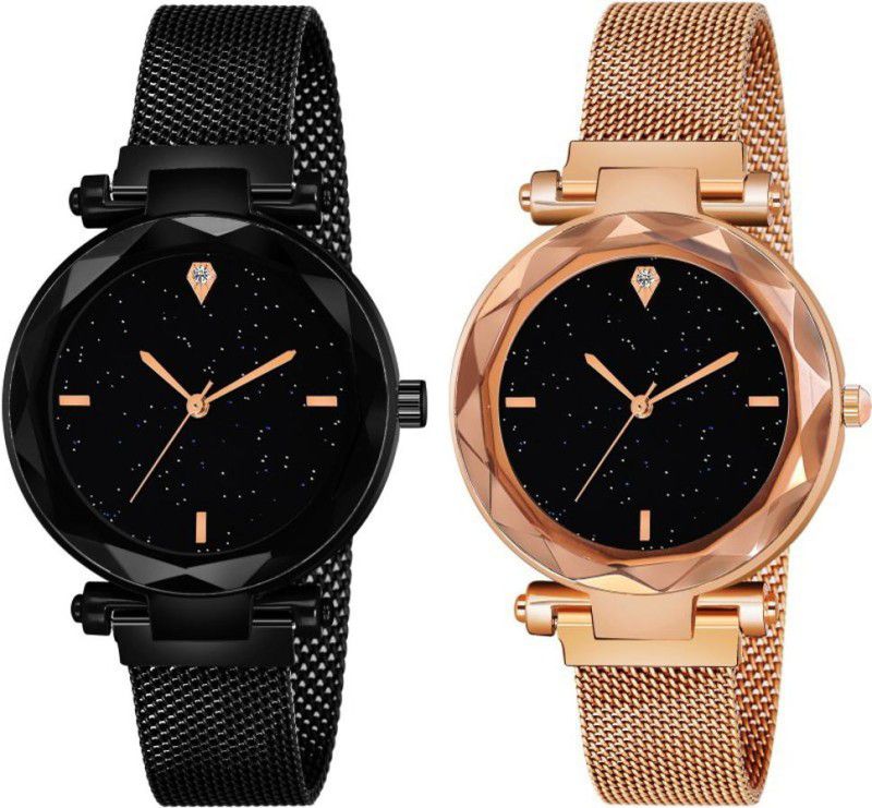 Analog Watch - For Women Combo Offer Of 2 Magnetic Buckle Galaxy Dial Designer Black And Copper Color Watches For Girls