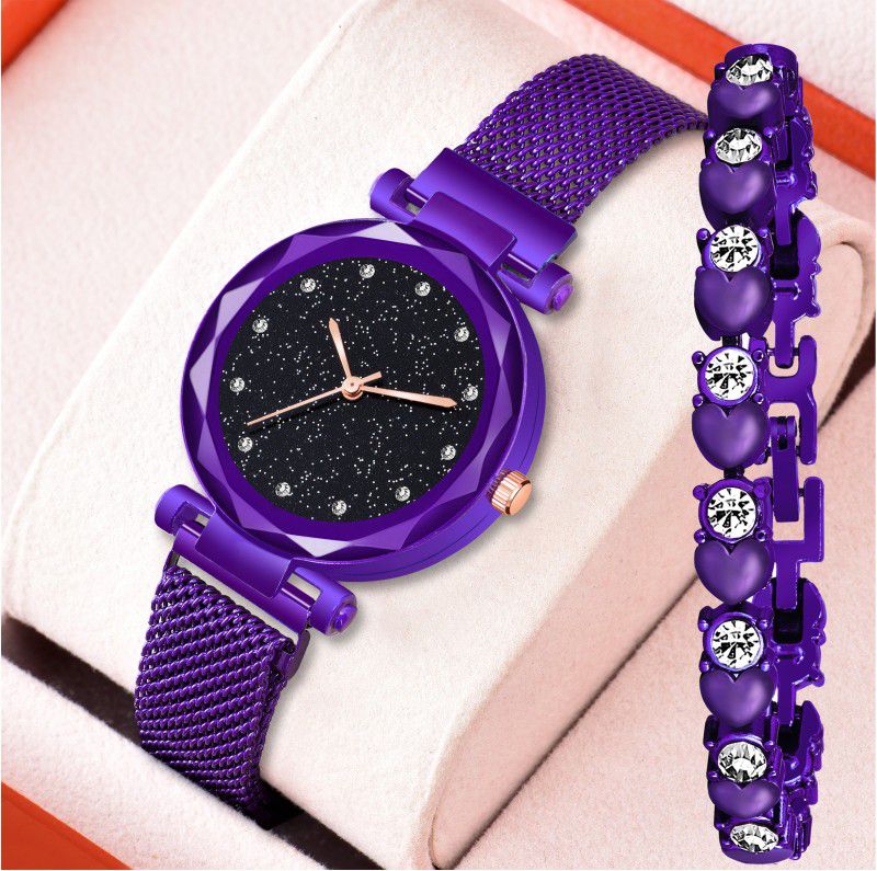 Magnetic Chain magnet strap with bracelet hand watch girls watch for women gift Analog Watch - For Women Purple 12 Dimond Chronograph Magnet Belt Special Edition Women And Girls