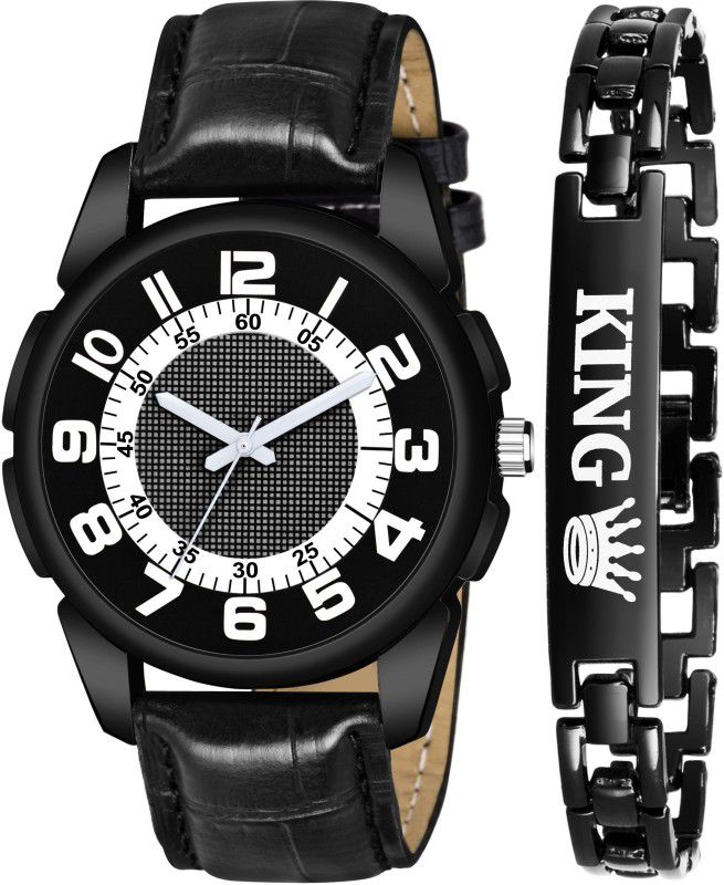 BLACK KING BRACELET WITH GOOD LOOKING BLACK LEATHER STRAP WATCH COMBO FOR MEN Analog Watch - For Boys 1201-KING