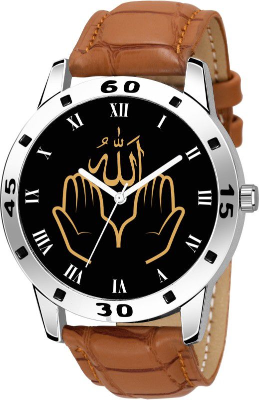 D004-Allah Ki Dua-ROMAN ISLAMIC Allah Ki Dua Design Round Black Dial Brown Leather Strap Stylish Analog Watch - For Men