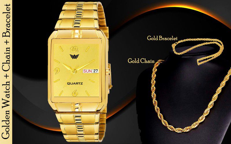 With New Design RASA Chain & Bracelet Gold Special Combo Pack For Boys Analog Watch - For Men Abx9151-GD Gold+C2 Combo