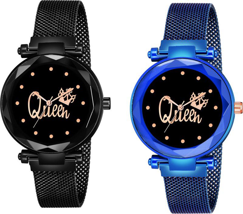 Designer Fashion Wrist Analog Watch - For Girls New Fashion Queen Black dial Black & Blue Maganet Strap For Girl