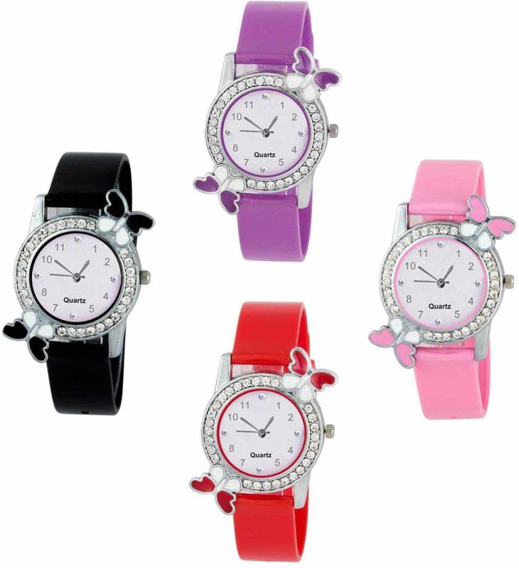 Diamond Studded Attractive Butterfly Stylish Analog Watch - For Girls Combo Set Of 4