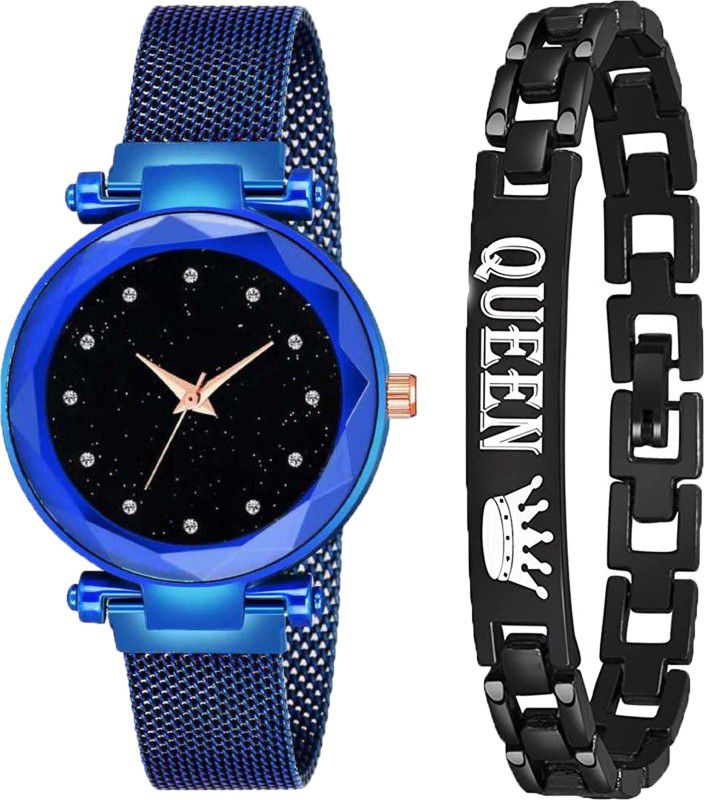 Designer Fashion Wrist Analog Watch - For Girls New Fashion Black 12 Daimouns Dial With Blue Maganet Strap & Queen Bracelet For Women