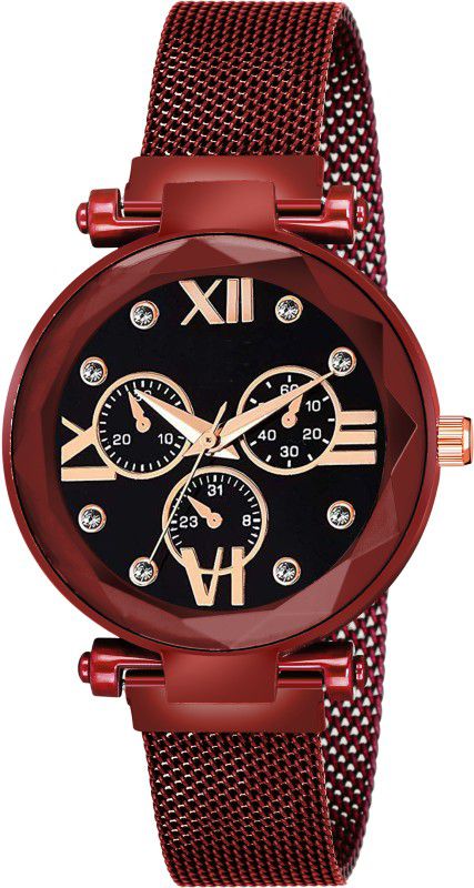 Designer Fashion Wrist Analog Watch - For Girls New Fashion Roman Digit Black Dial Red Magnet Strap For Girl