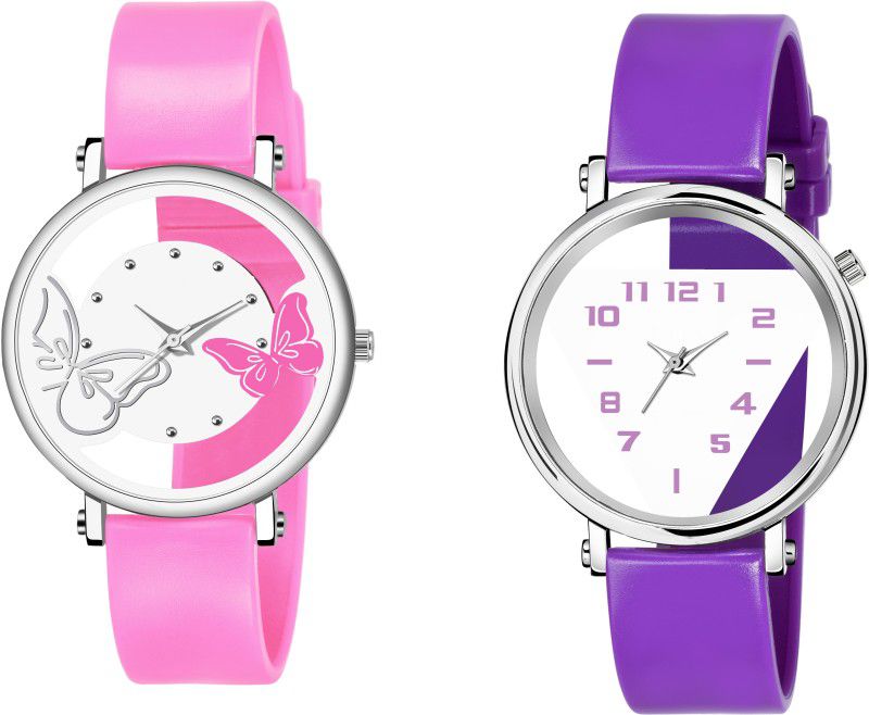 Analog Watch - For Girls New Fashion Stylish Designer White & Pink Color Dual battery & Tikon Designer Purple Strap open Dial Attractive look for girl