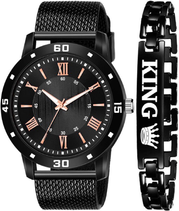 NEW ARRIVAL BLACK KING BRACELET WITH BLACK DIAL AND MESH STRAP SPORTY LOOK ANALOG WITH QUARTZ WATCH Analog Watch - For Boys JEW_22_K_531