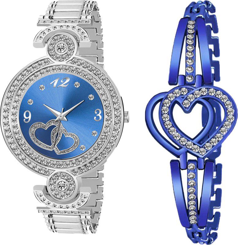 Designer Fashion Wrist Analog Watch - For Girls New fashion Dual Heart Blue dial & Silver Strap For Girl&Women