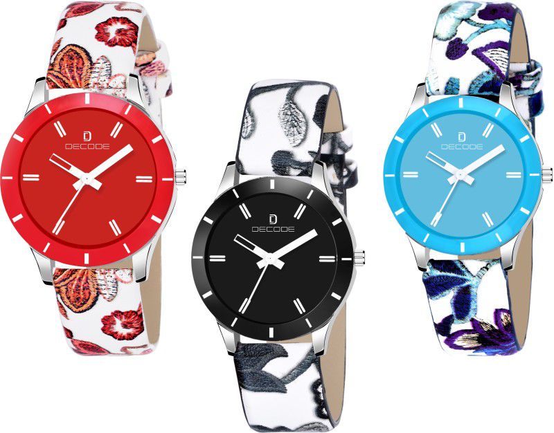 Analog Watch - For Women COMBO 605 FLOWER PRINT BLUE BLACK RED MIRROR