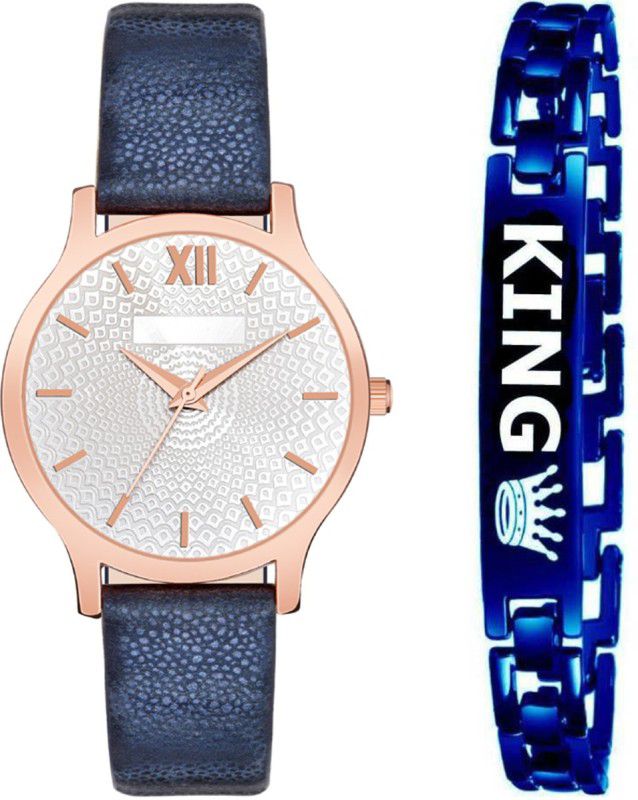 New Combo Graphic Design Dial & Genuine Leather Strap with Royal Blue Bracelet Analog Watch - For Girls MT345