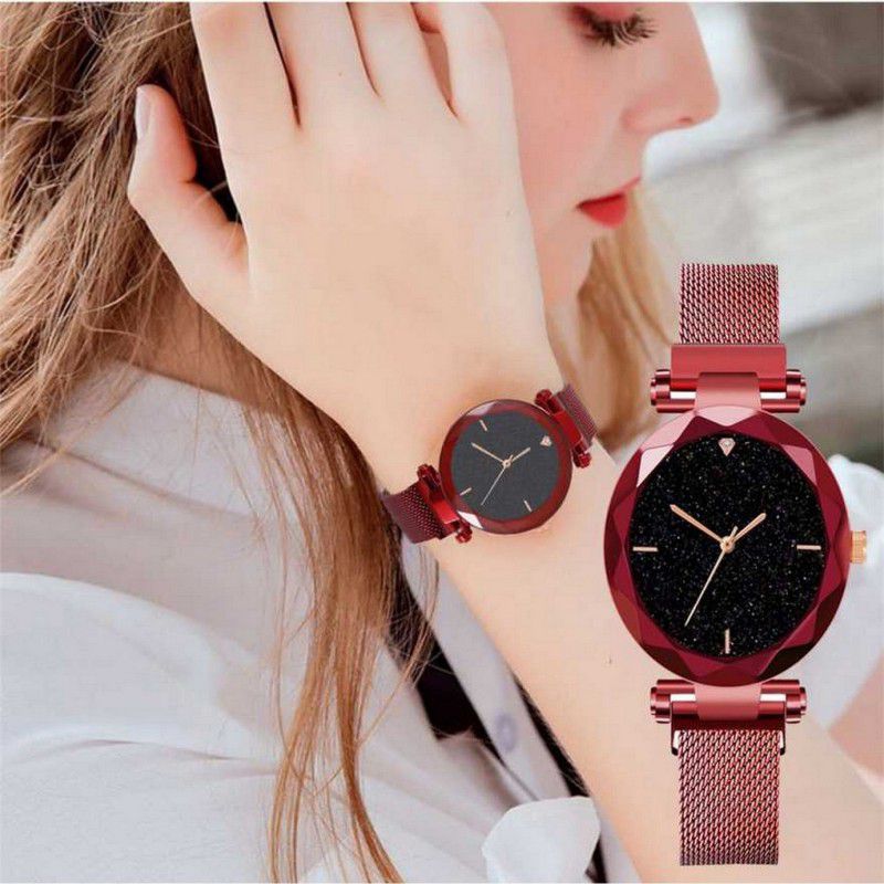 Magnetic Chain magnet strap hand watch girls watch for women gift Analog Watch - For Girls Sparkling Diamond Cut Red Magnetic Strap Luxury