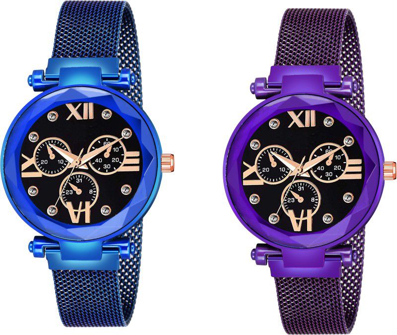 Designer Fashion Wrist Analog Watch - For Girls New Fashion Roman Digit Black Dial Blue & Purple Maganet Strap For Girl