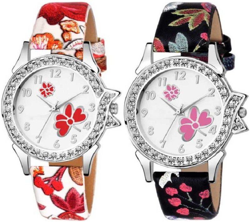 Analog Watch - For Girls Red And Pink Dial Flower Print Watch