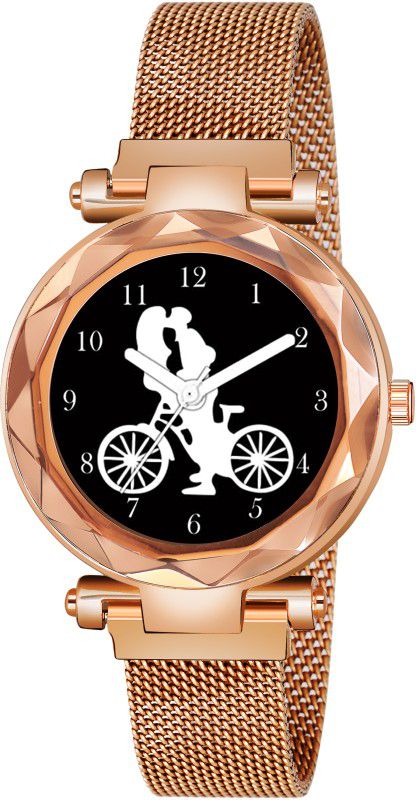 Analog Watch - For Girls Cycle Couple Black Dial Rose Gold Maganet Strap Watch
