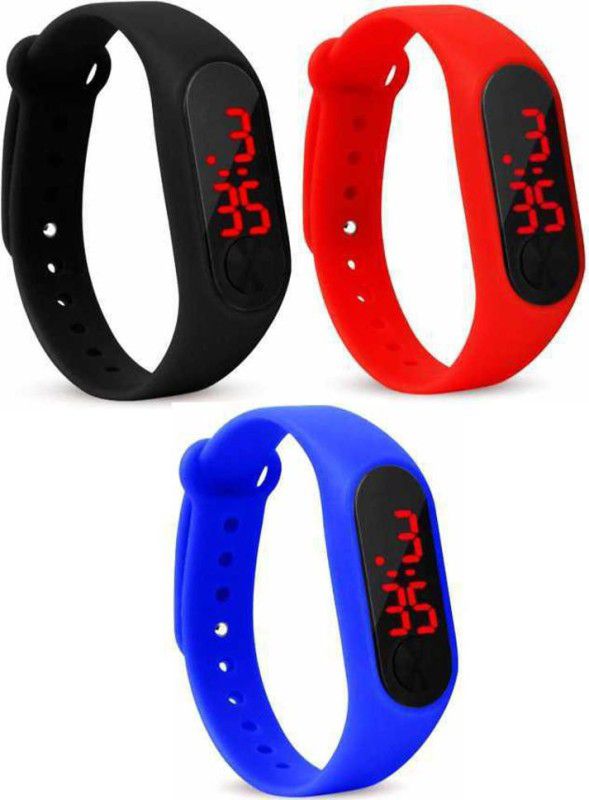 Digital Watch - For Boys & Girls Digital Black,Blue and Red Multi-color Pack of 3 wrist band watch for kids Led watch Digital Watch - For Boys & Girls