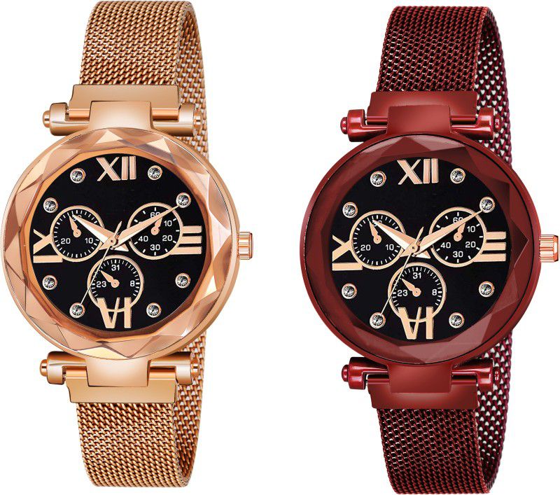 Designer Fashion Wrist Analog Watch - For Girls New Fashion Roman Digit Black Dial Rose Gold & Red Maganet Strap For Girl