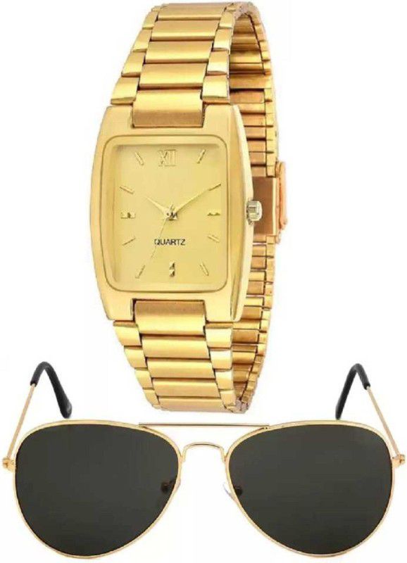 Analog Watch - For Boys NEW TREND COMBO WATCH-01+ SUN-GLASS-01 OLD IS GOLD FASHION SQUARE DIAL GOLD FANCY PLATINUM CHAIN FOR GENT'S AND GENTLEMAN ANALOG WATCH AND SUN-GLASS - FOR MEN'S AND BOYS