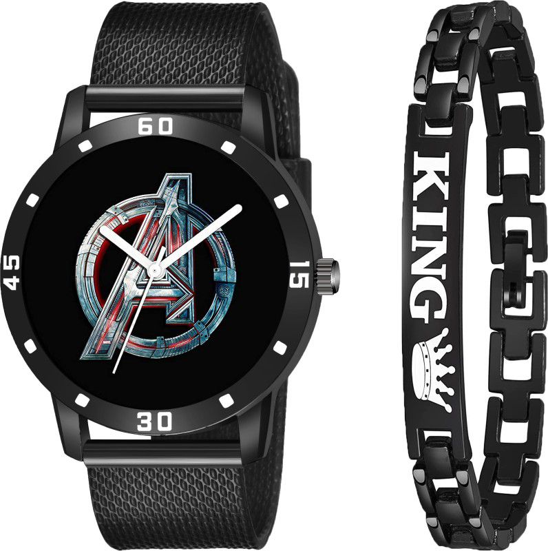 Designer Fashion Wrist Analog Watch - For Men New Fashion Black color dial Black Rubber Strap with King Bracelet Combo For Men&Boys