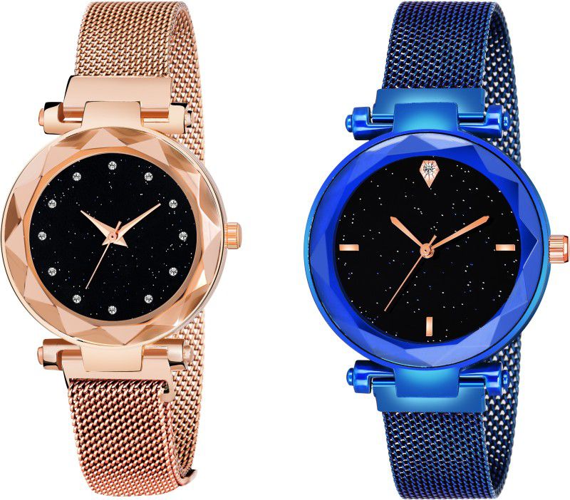 Analog Watch - For Couple Luxury Mesh Starry sky For girls Fashion Mysterious 12 diamouns rose gold & 4 Figar Blue Lady