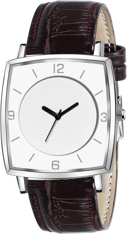 Analog Watch - For Men White Square Dial Brown Leather Stylish