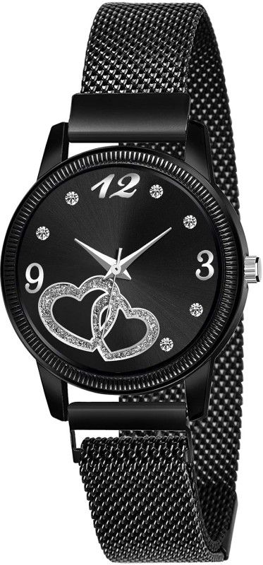 Designer Fashion Wrist Analog Watch - For Girls New Fashion Dual heart Black Dial Black Maganet Strap For Girl