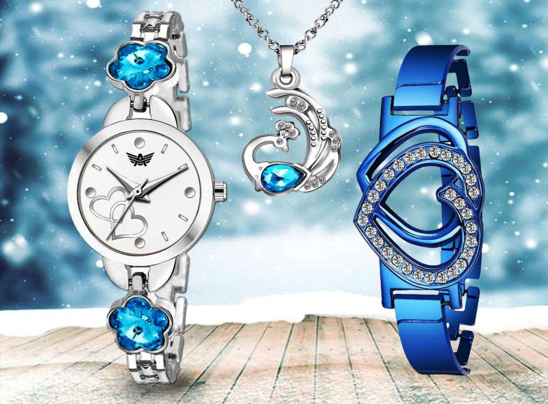 Design Locket With Dual Heart Shape Bracelet Special Combo Pack For Girls Analog Watch - For Women Abx111-WH BL White Blue Combo