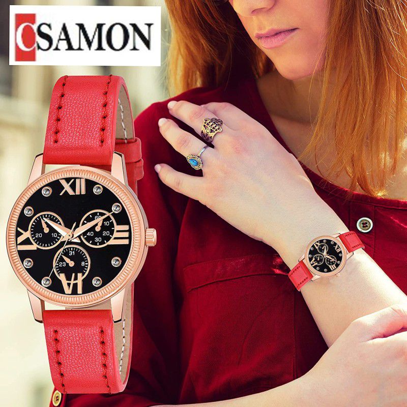 Analog Watch - For Girls C25 Mina Black Dial Red Leather Strap Watch For Girls