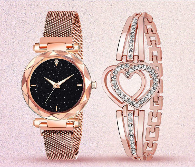 Analog Watch - For Girls Latest Magntic Strap Rosegold Watch With Hart Shape Bracelet Combo For Woman