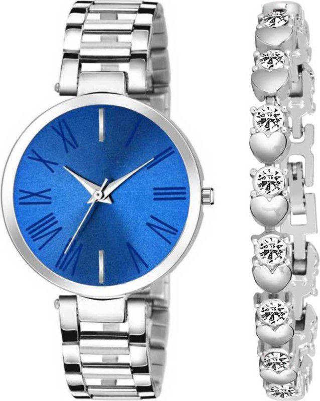 Designer Fashion Wrist Analog Watch - For Girls Blue Dial & Silver Stainless Steel Strap Watch With Little Heart Silver Diamond Bracelet Combo Analog Watch