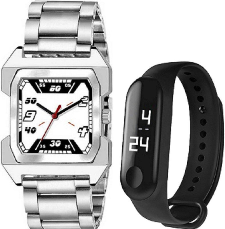 Digital Watch - For Boys & Girls 426/DZ NEW COLLECTION OF DIGITAL COMBO WATCHES FOR BOYS AND MEN FULL SQUARE DIAL SILVER WATCH AND BLACK CAPSULE WHITE LED TOUCH WATCH - For Boys
