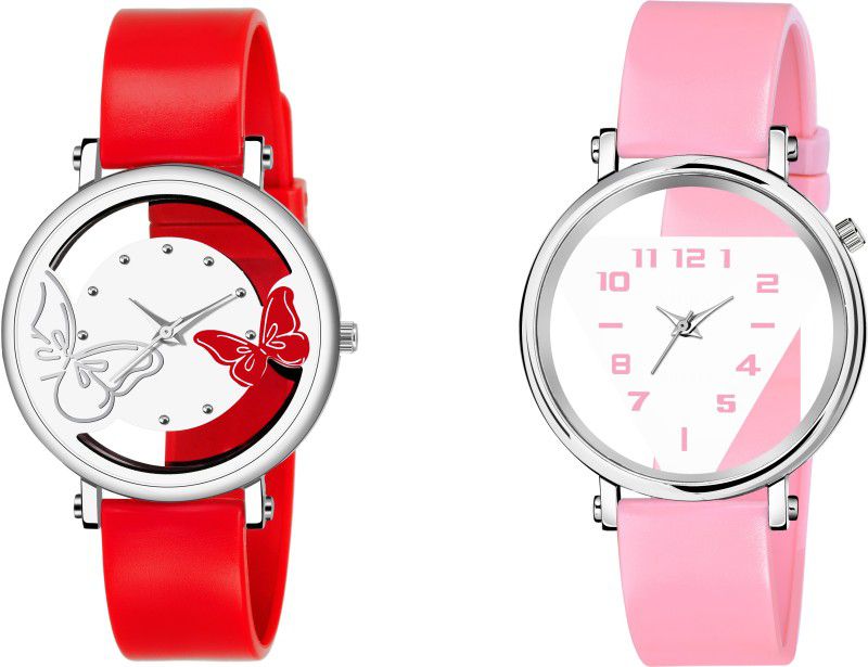 Analog Watch - For Girls New Fashion Stylish Designer White Dial With Red Color Dual battery & Pink Color Digita Tikon Designer Strap open Dial Attractive look for girl