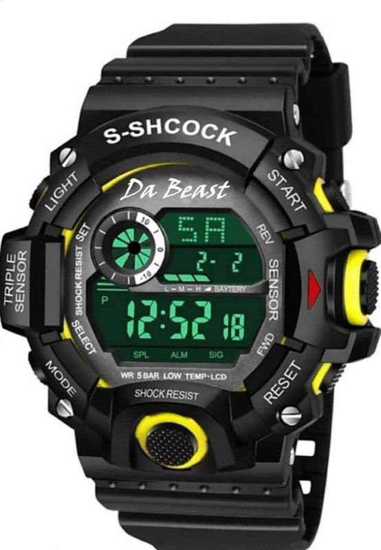 Digital Watch - For Boys Stunning Beautiful Yellow Ring Shock Protection Alarm & Day Date Chrono Water Proof WR 30M Stainless Steel