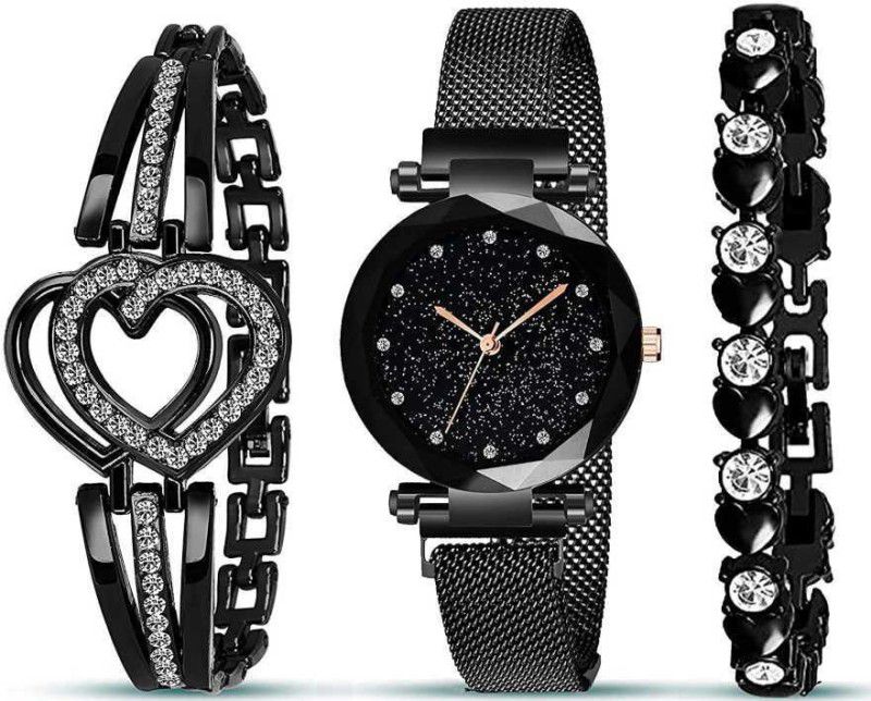 watches Analog Watch - For Girls Branded Analogue Black Dial Magnet Watch with Gift Bracelet for Women or Girls and Watch for Girl or Women (Combo of 3) Stylish Professional Girls watches Analog Watch - For Girls