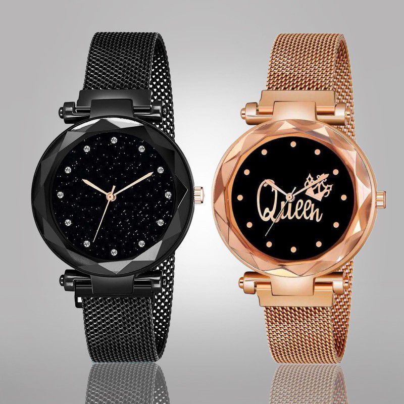 Magnetic Chain magnet strap mash hand watch girls watch for women gift Black Analog Watch - For Girls Magnet Strap Girls Women Rose Gold And Black Combo