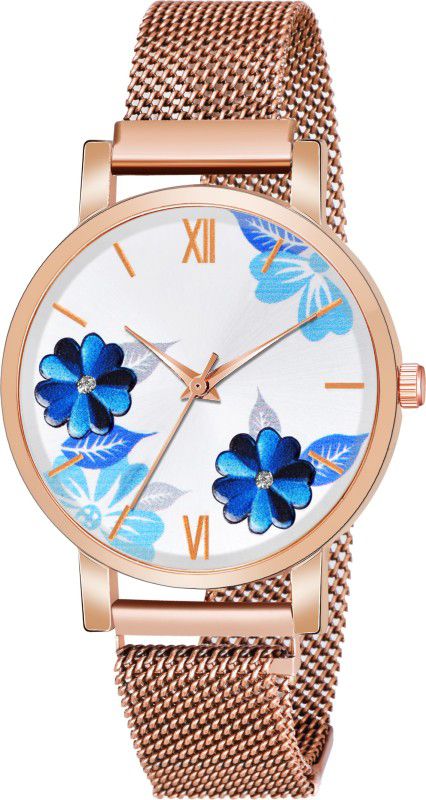 Analog Watch - For Girls Blue Flowered Dial Magnetic Strap Analog Watch for girls and women