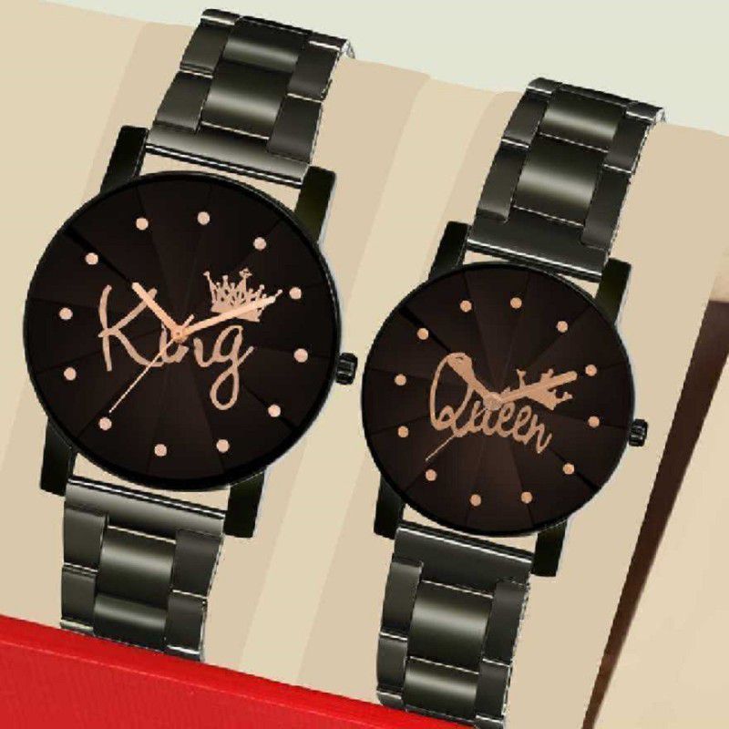 black dail metal strep analoug king queen couple watch - for women&couple Analog Watch - For Couple New Collection For Couple Combo Set of 2 Watch Analog Watch - For Couple