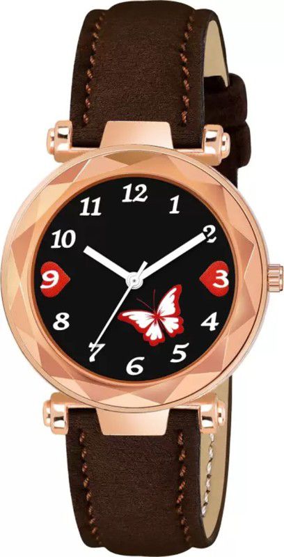 Analog Watch - For Girls Black Dial Dual Red Batterfly Dial Brown Leather Strap Watch For Girls