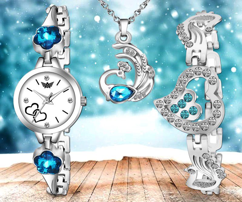 Peacock Design Locket With Silver Bracelet Combo Pack For Girls Analog Watch - For Women Abx112-WH BL White Blue Combo