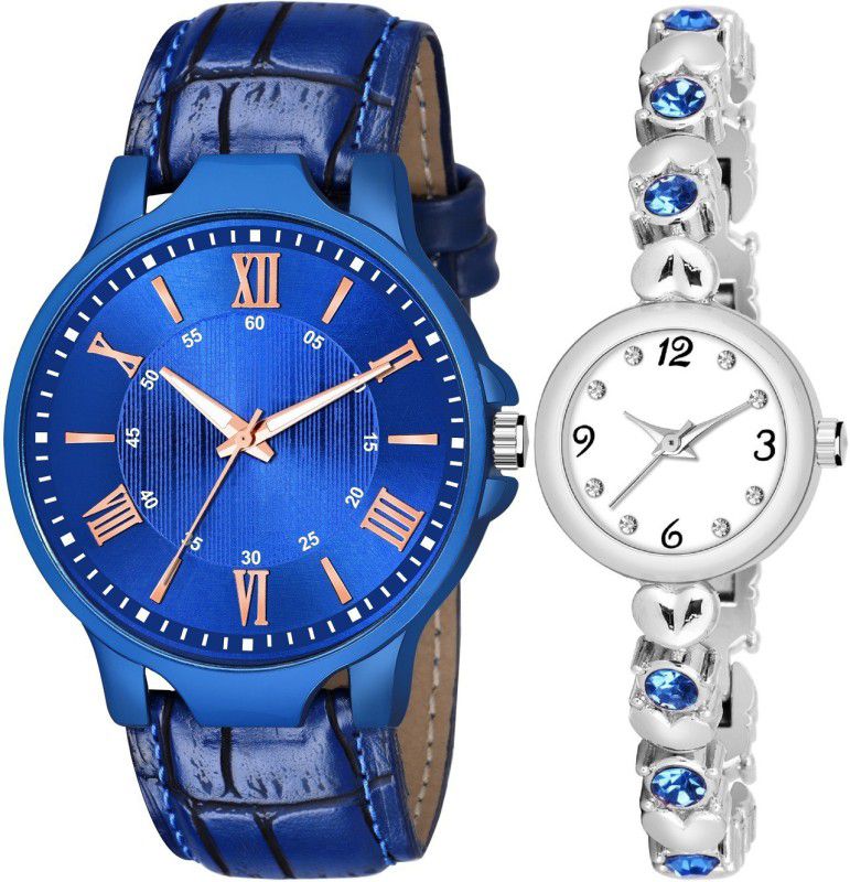 Combo pack of 2 Fashion Crazy Couple True Lover's Choice Men & Women Combo Analog Watch - For Couple FORMAL WHITE AND BLUE DIAL ATTRECTIVE COUPLE COMBO